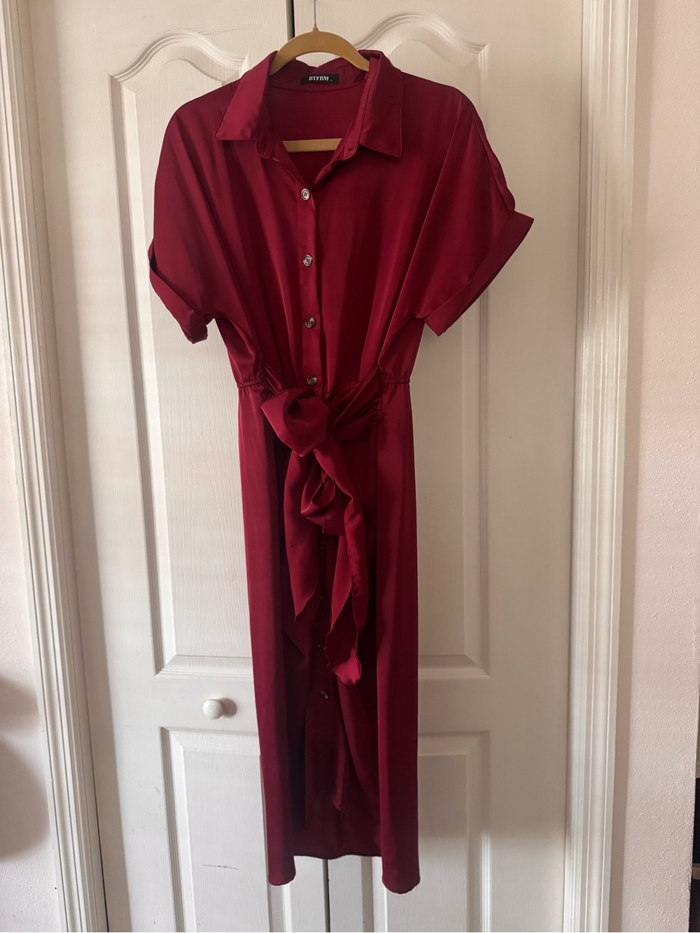 Amazon Burgundy Button-Front Tie-Waist Midi Dress